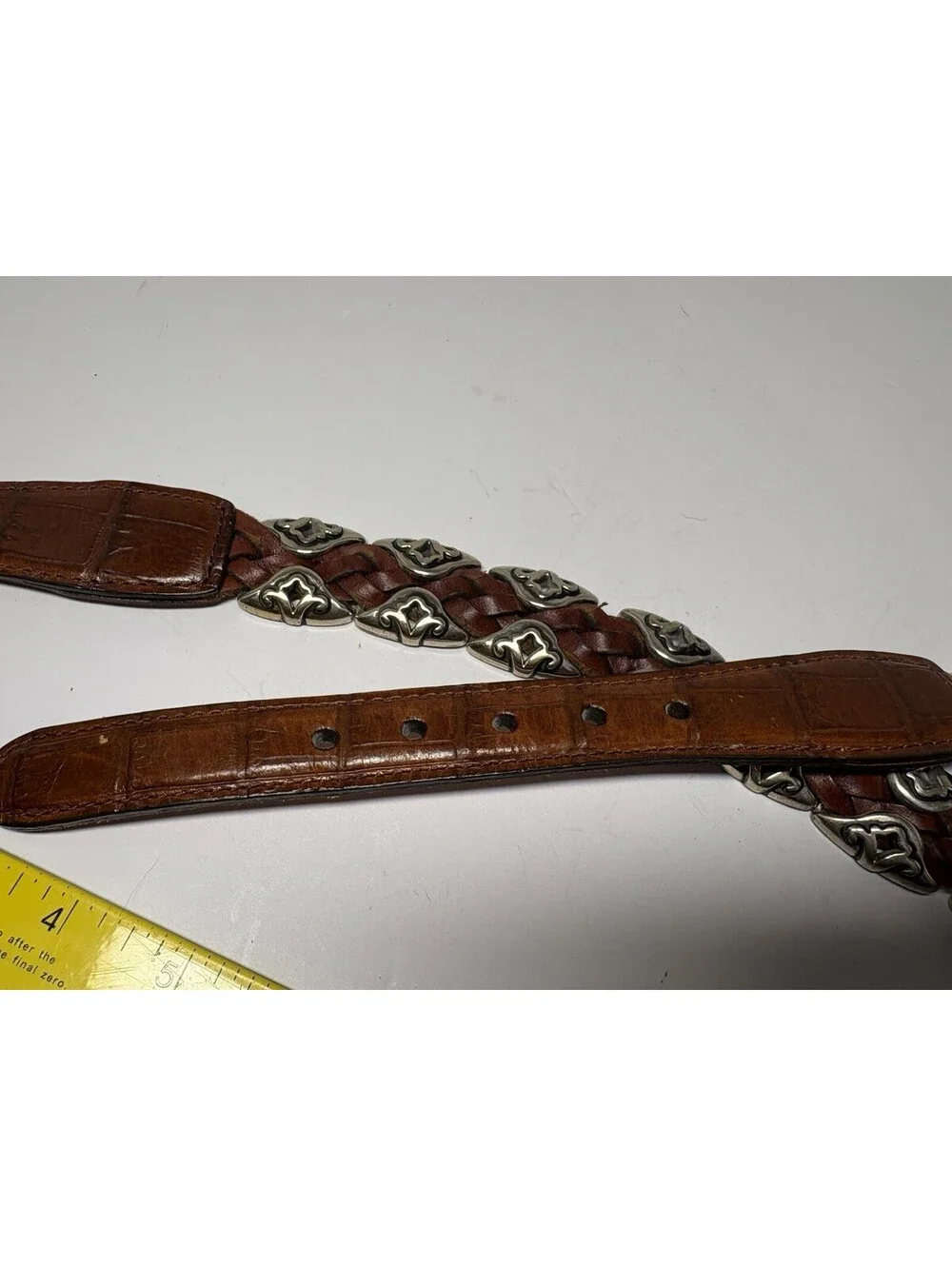 BRIGHTON Brown Leather Braided Belt 91807 Silver Tone Buckle & Conchos Size Med